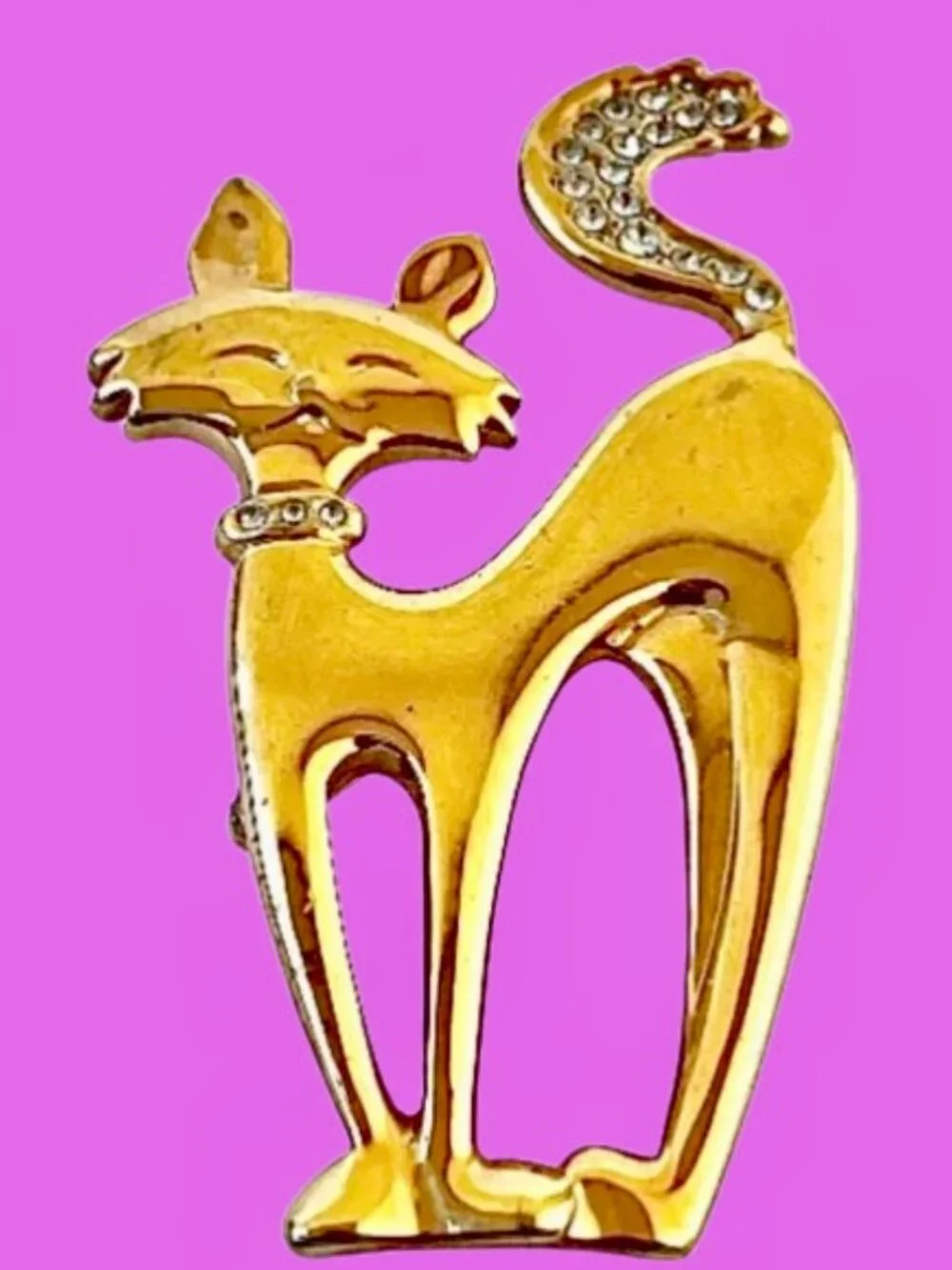 Cat Pin Brooch Mod Sophisticated Kitty Gold Tone & Rhinestone Collar & Tail